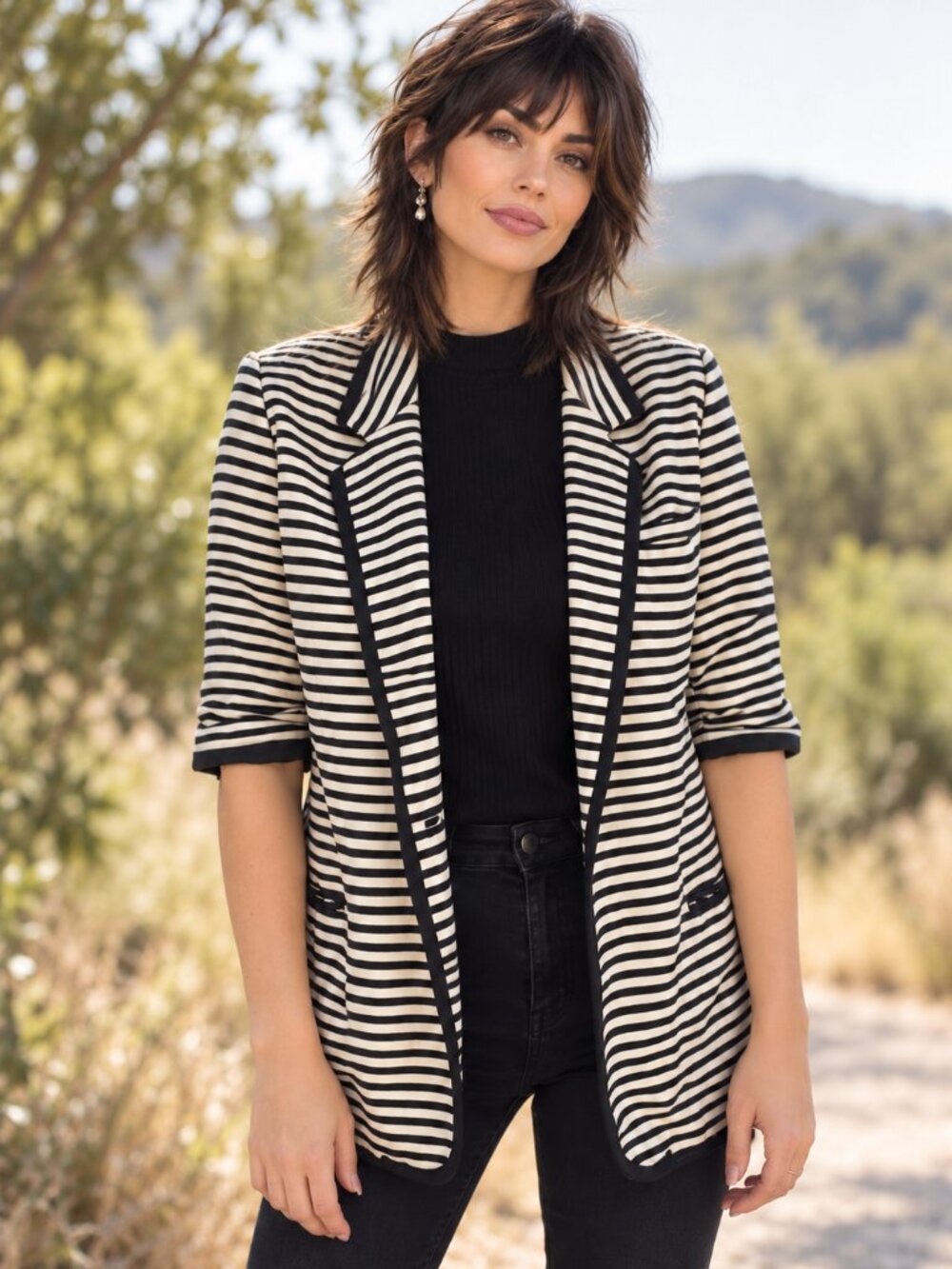 Elizabeth and James Black Ivory Striped Ruched Sleeve Longline Blazer Size 2